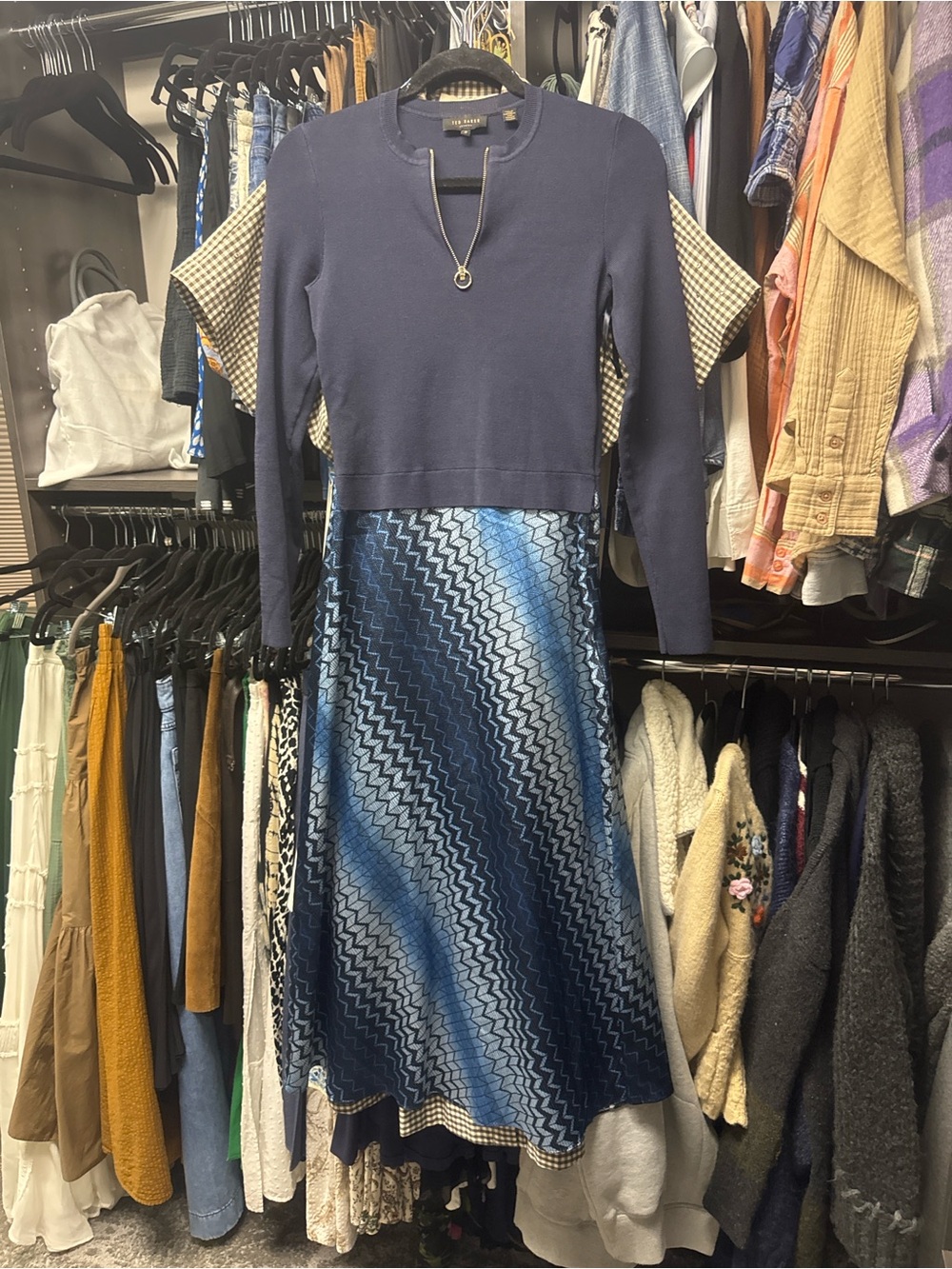 Navy Blue Mixed-Media Knit & Printed Midi Dress